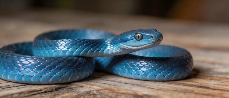 蓝蛇盘踞木面 静待时机图片