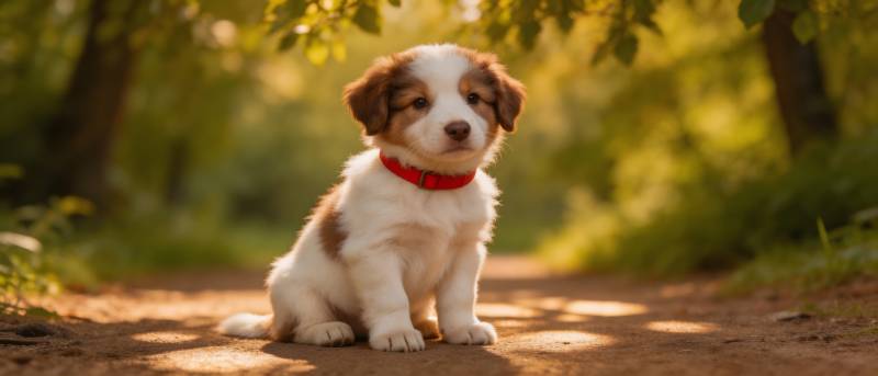 林间萌犬 红项圈坐看阳光图片