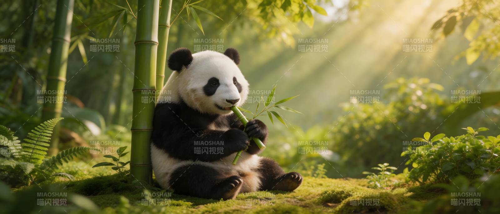 竹林熊猫享晨光图片
