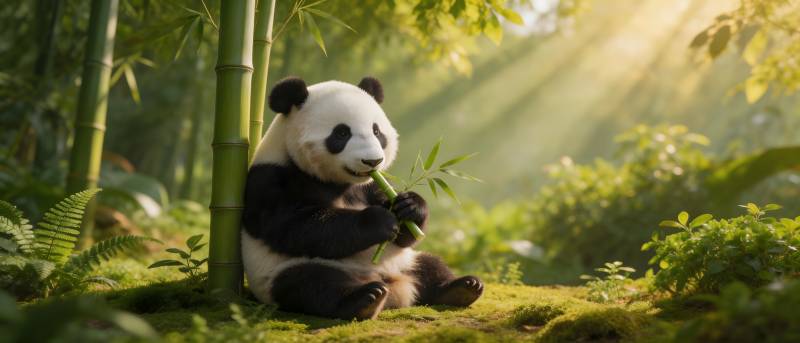 竹林熊猫享晨光图片