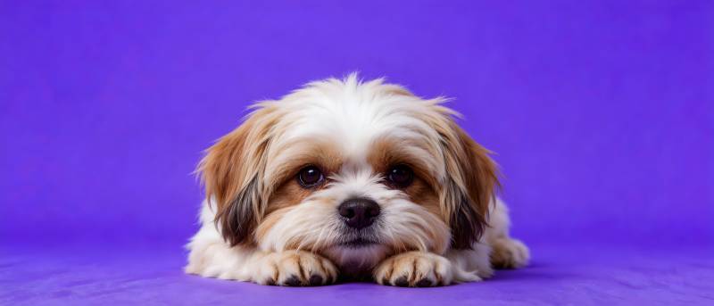 紫底萌犬趴卧凝视镜头图片