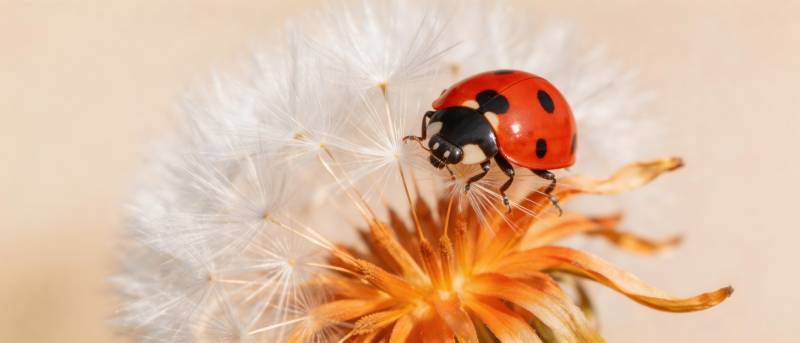 瓢虫栖蒲公英 柔光映红黑图片