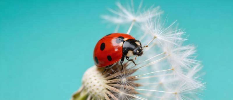 瓢虫栖蒲公英 蓝背景微距图片