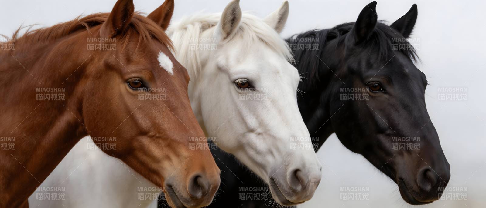 三马并立 棕白黑三色骏马图片