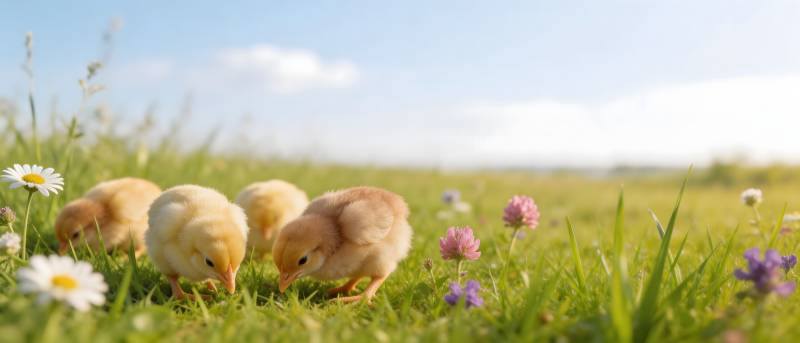 小鸡觅食花田春景图片