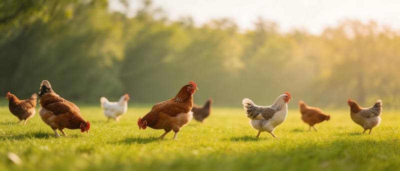 晨光照耀 鸡群漫步绿野图片