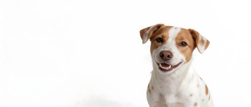 白底棕斑狗微笑望镜头图片