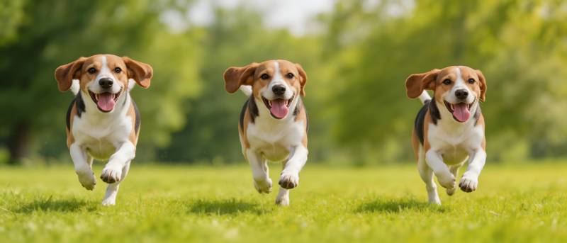 三只比格犬草地奔跑图片