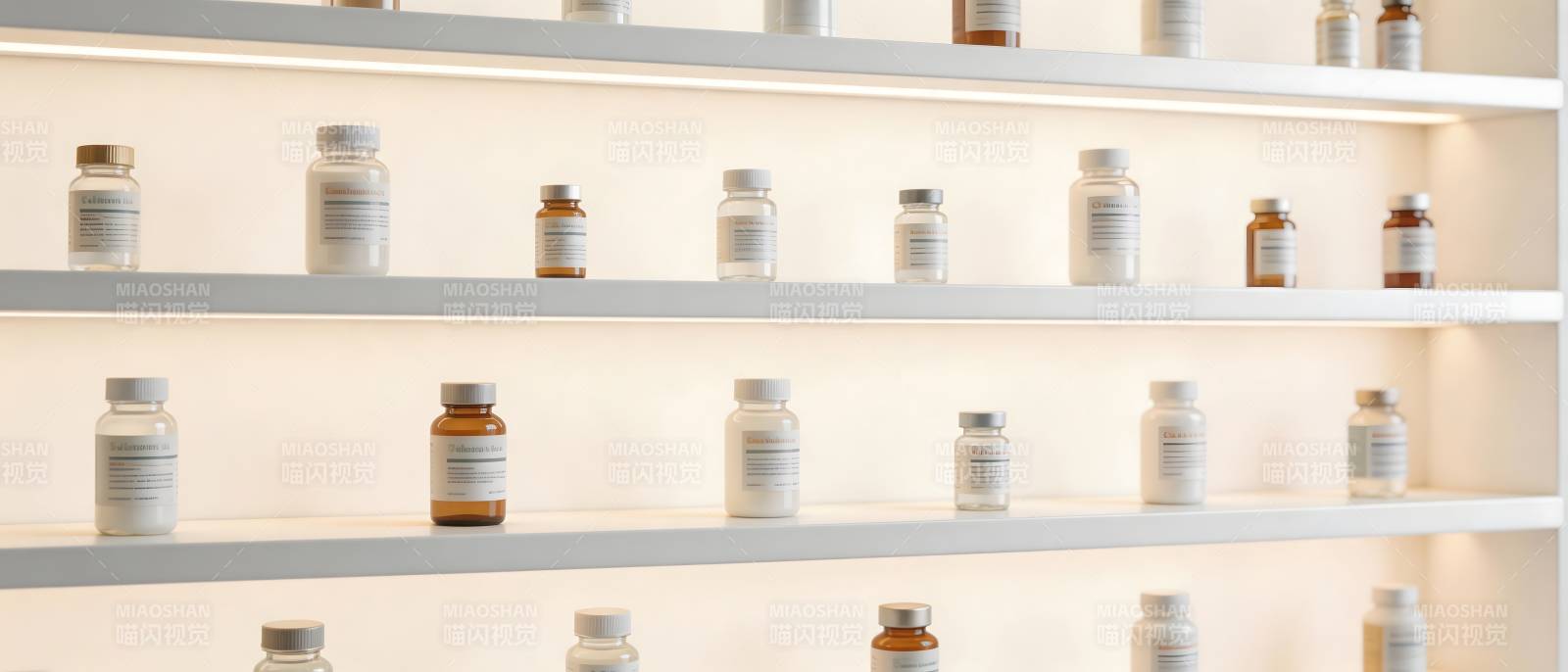 药瓶整齐陈列于白色货架图片