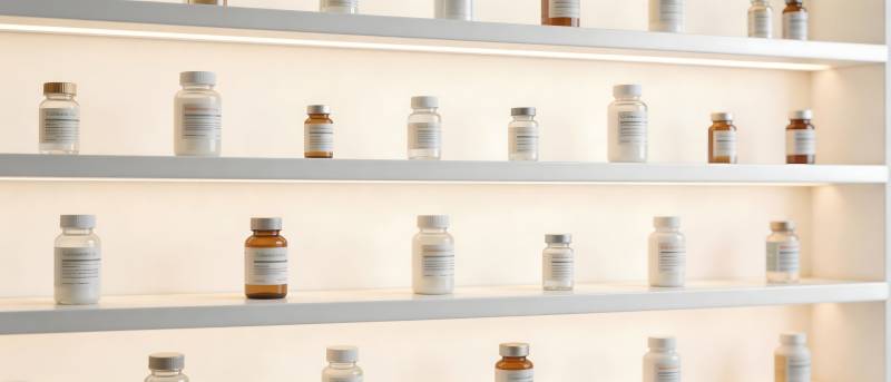 药瓶整齐陈列于白色货架图片