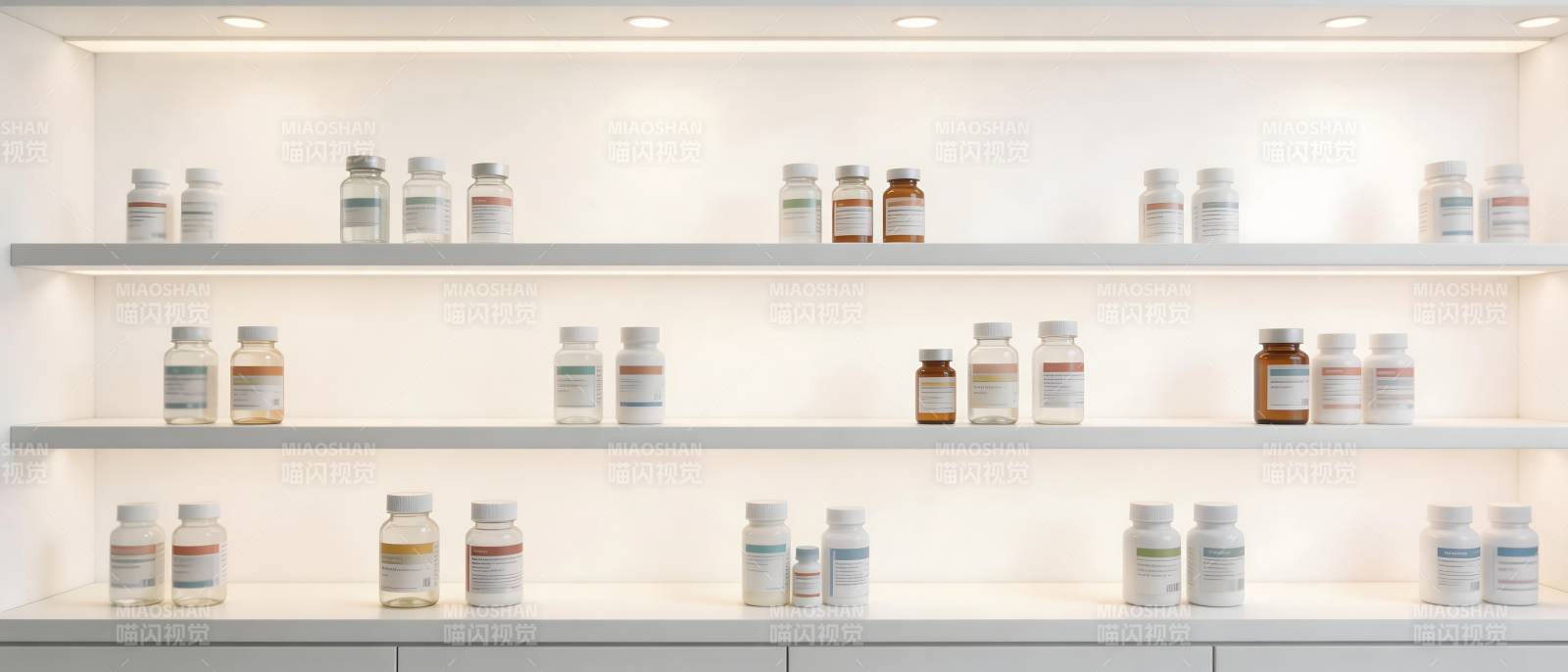 药瓶整齐陈列于白色货架图片