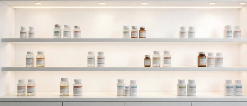 药瓶整齐陈列于白色货架图片