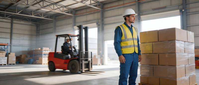 仓库作业 叉车与安全员协同图片