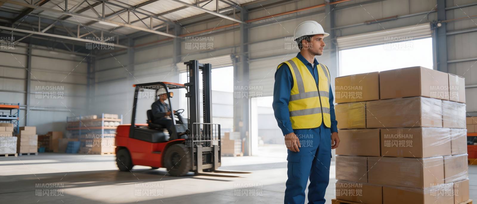 仓库作业 叉车与安全员协同图片