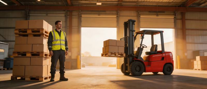 仓库作业 叉车与工人协同图片