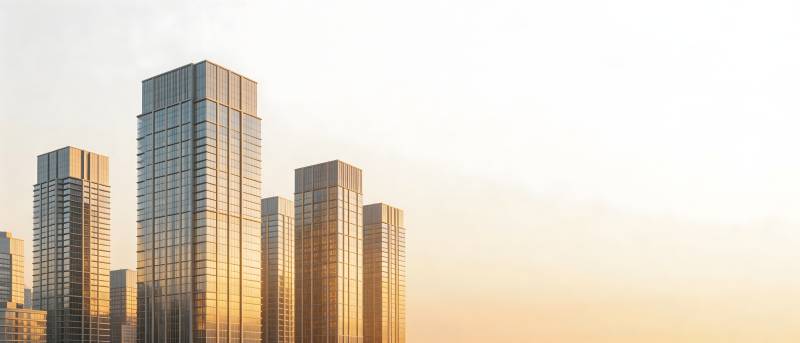 城市高楼沐浴金色晨光图片