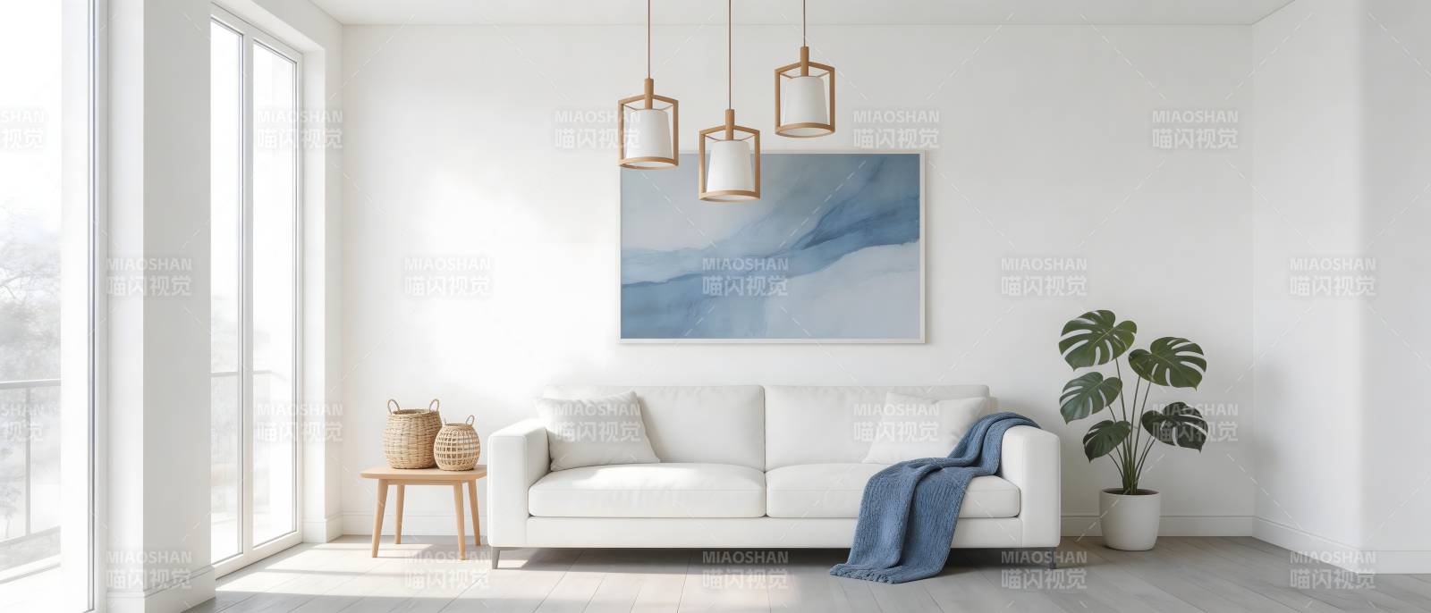 现代简约客厅 白沙发配蓝毯图片