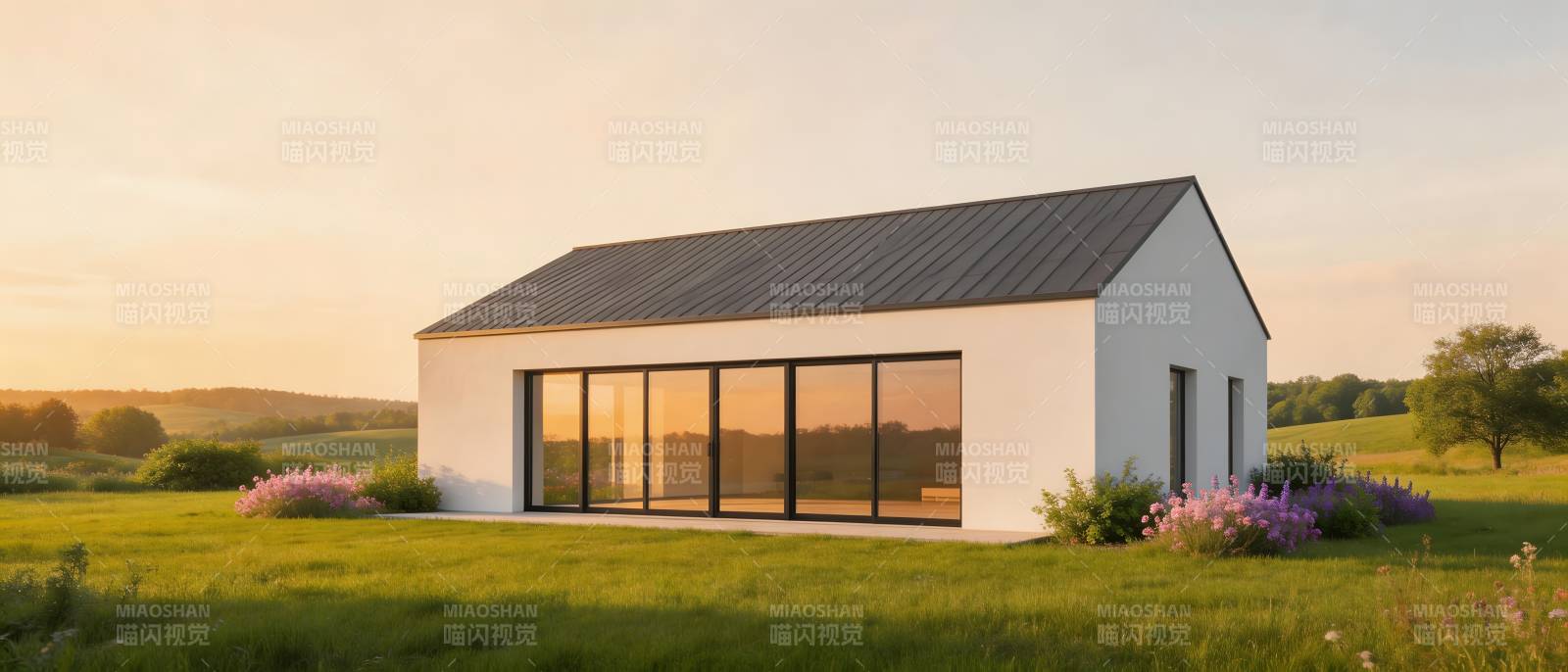 田园小屋 夕阳映窗景图片