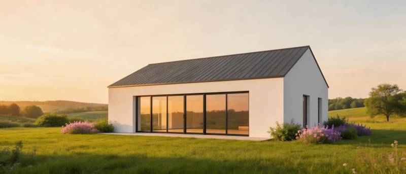 田园小屋 夕阳映窗景图片