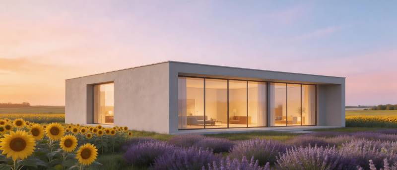 现代小屋 花田夕照图片