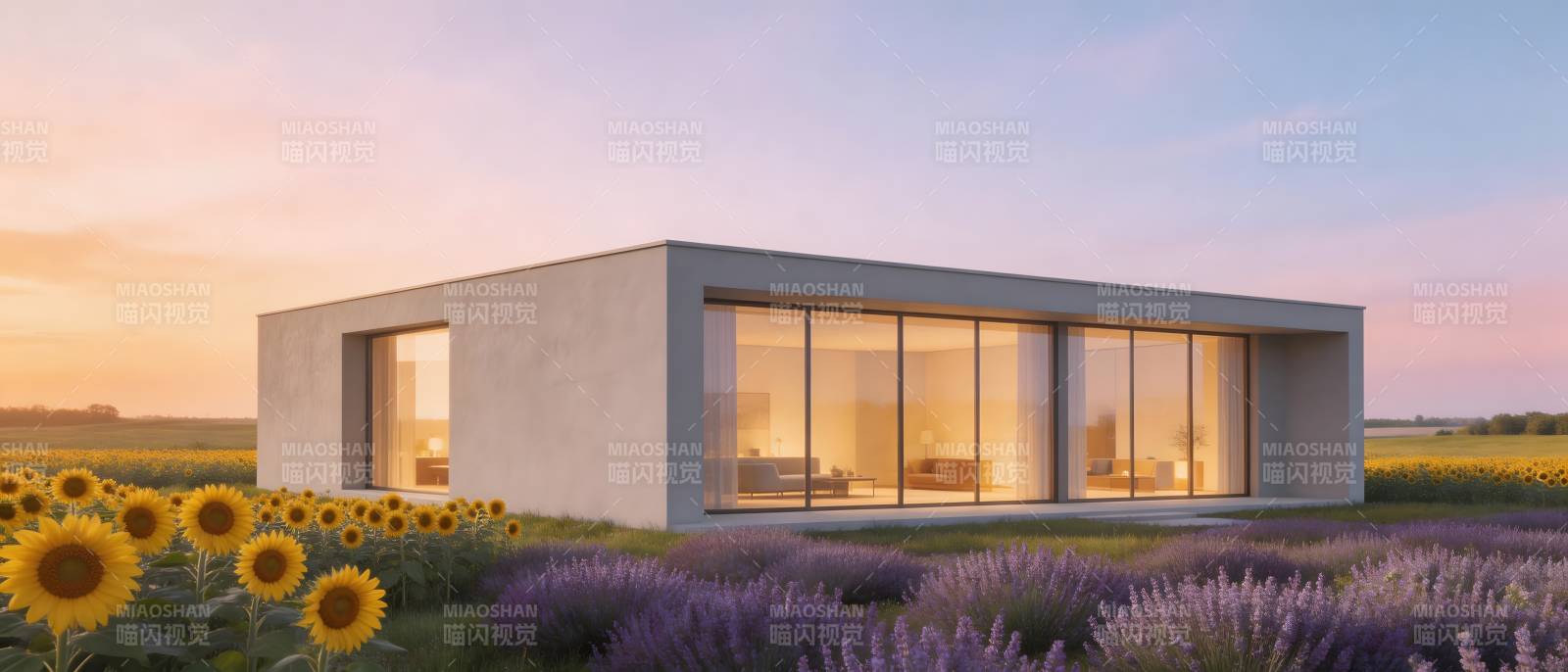 现代小屋 花田夕照图片