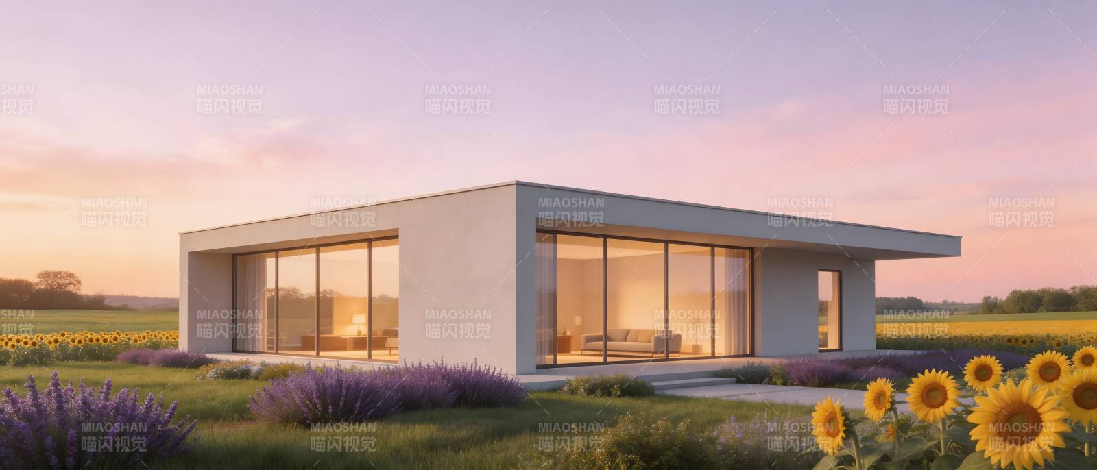 现代小屋 花田夕照图片