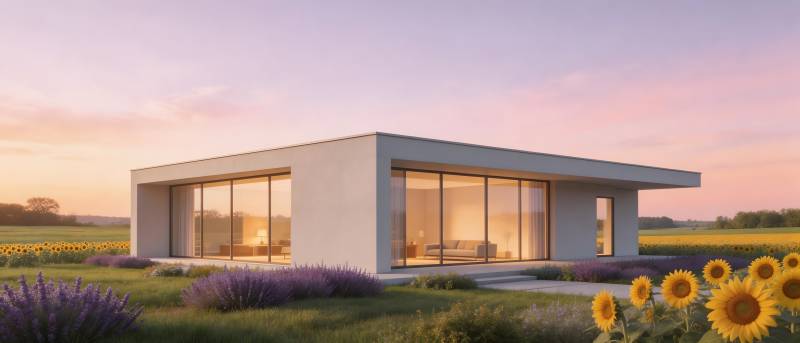 现代小屋 花田夕照图片