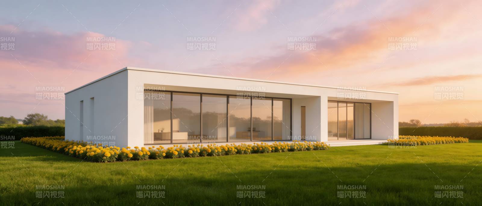 现代白屋 夕阳绿野间图片