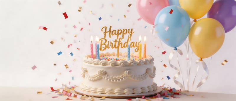 生日蛋糕配气球彩带图片