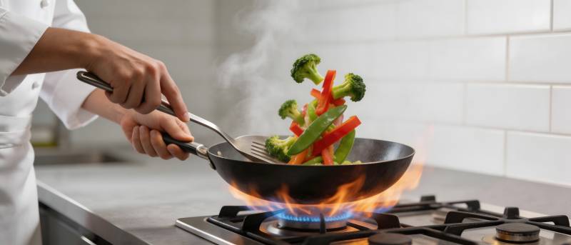 厨师爆炒蔬菜 火焰升腾图片