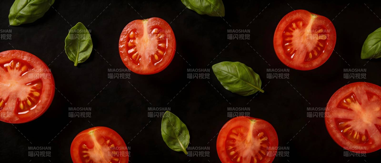 番茄罗勒黑底特写图片