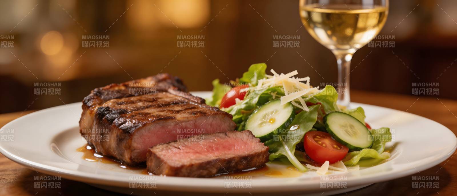 牛排配沙拉 佐白葡萄酒图片