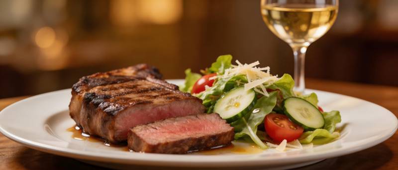 牛排配沙拉 佐白葡萄酒图片