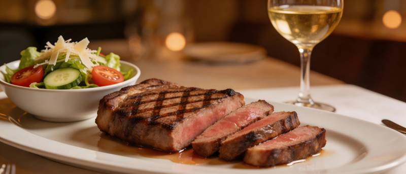 牛排配沙拉 白葡萄酒相伴图片