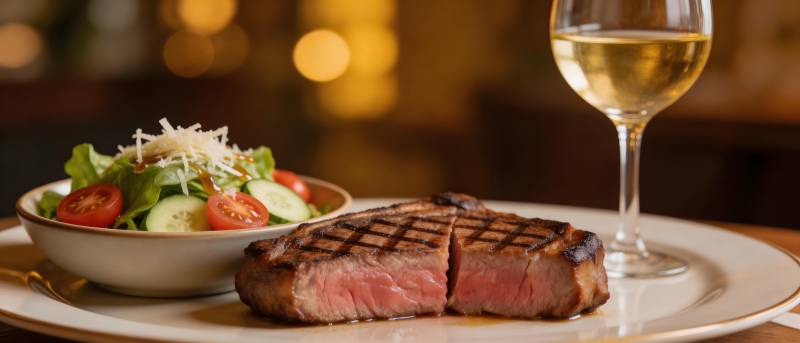 牛排配沙拉 白葡萄酒相伴图片