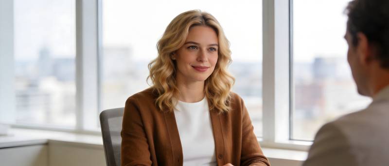 办公室对话 金发女子微笑倾听图片