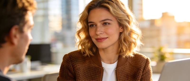 职场女性微笑交谈中图片