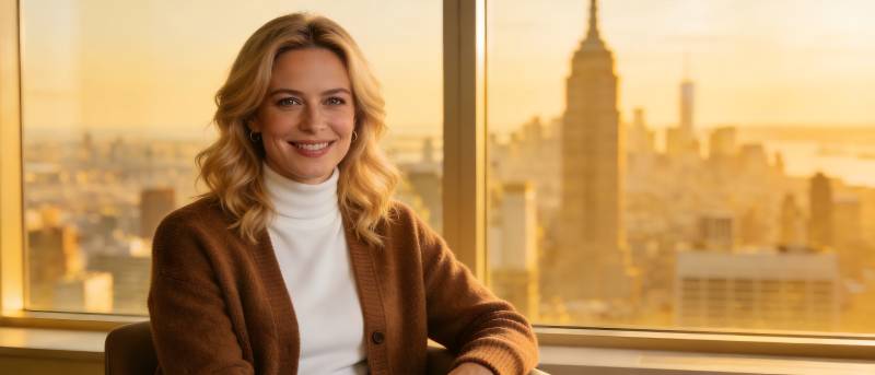 窗边微笑女子 城市夕阳背景图片