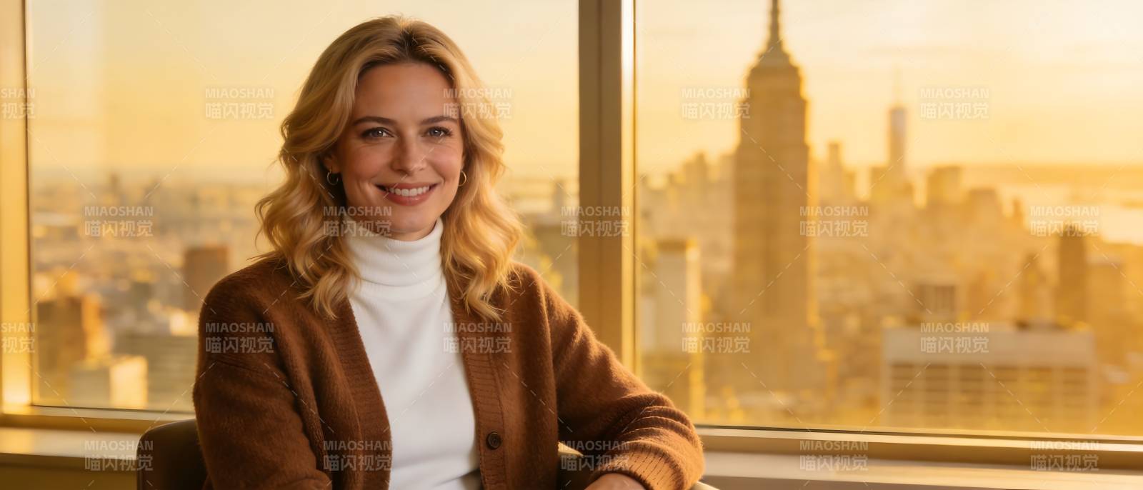 窗边微笑女子 城市夕阳背景图片
