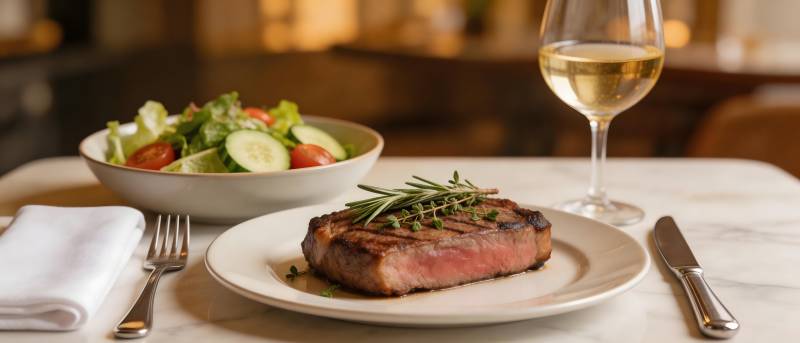 牛排配沙拉 白葡萄酒相伴图片