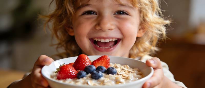 孩子开心吃水果燕麦碗图片