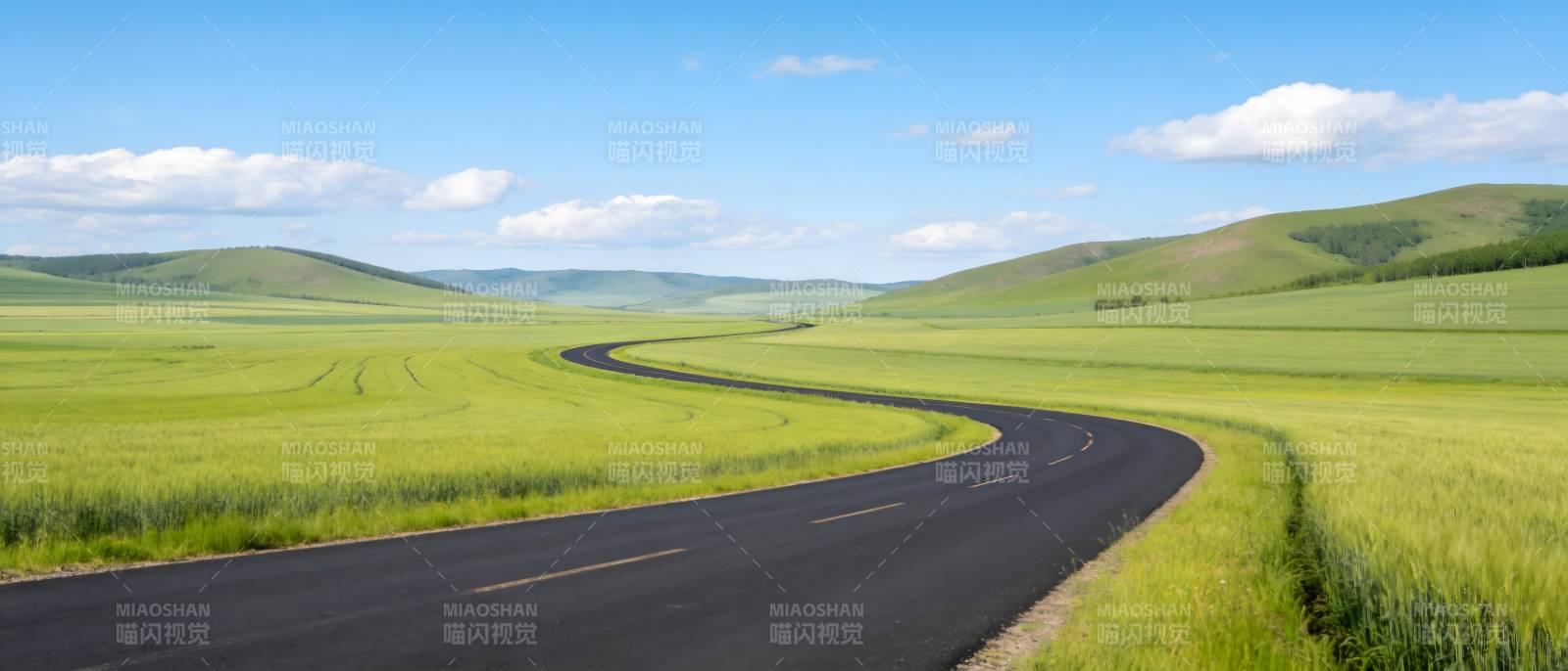 草原蜿蜒路 蓝天绿野间图片