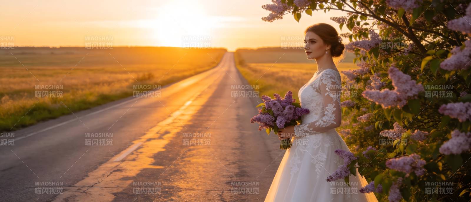 夕阳花径 新娘持紫 bouquet图片