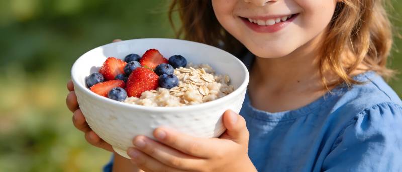 孩童捧果麦碗 笑容灿烂图片