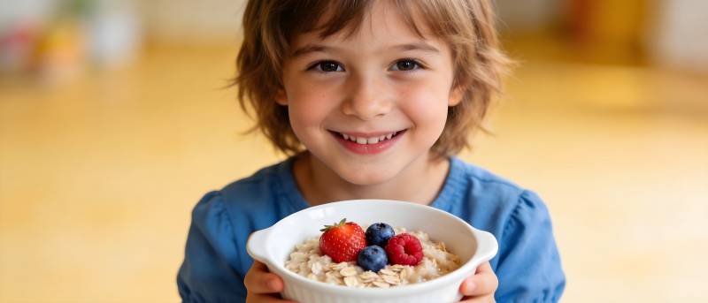 孩子捧碗笑 莓果燕麦香图片
