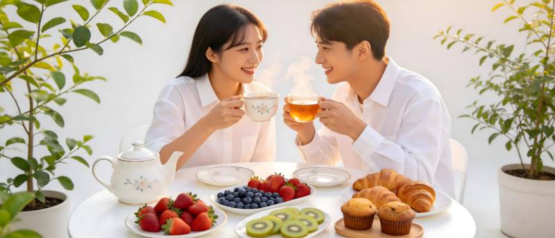 情侣晨享茶点时光图片