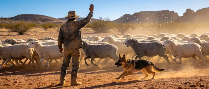 牧人挥鞭 犬驱羊群奔尘中图片