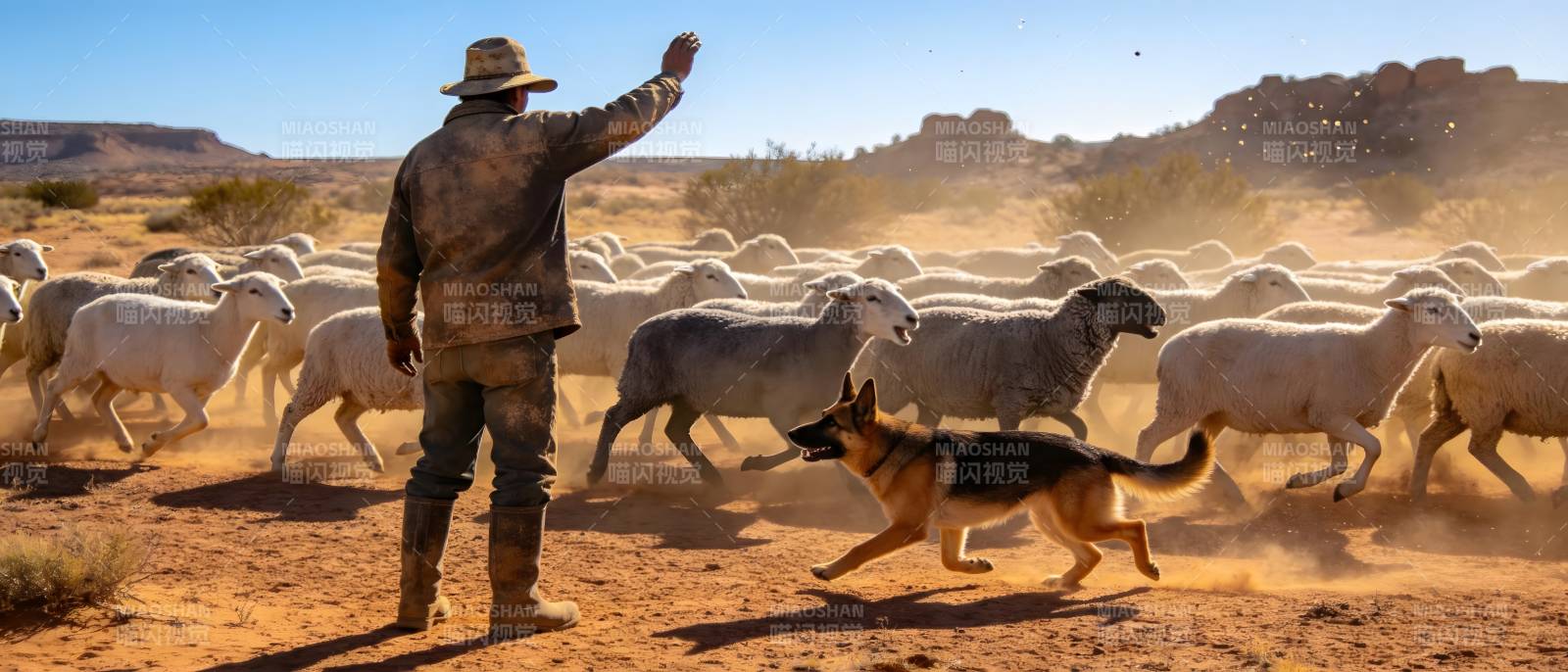 牧羊人驱羊 犬伴沙漠行图片
