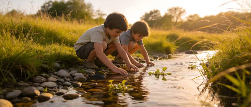 溪边童趣 夕阳伴玩图片