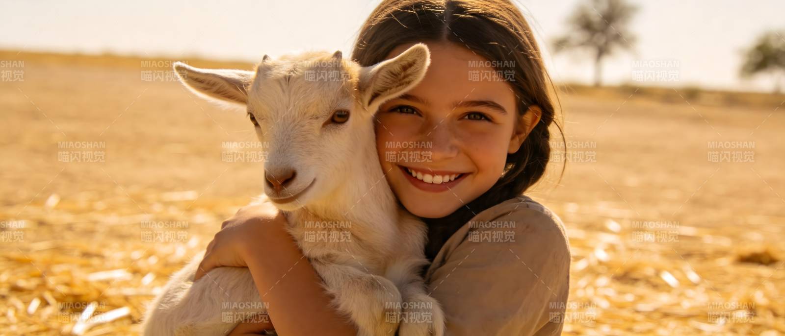 少女怀抱小羊 温暖笑容图片